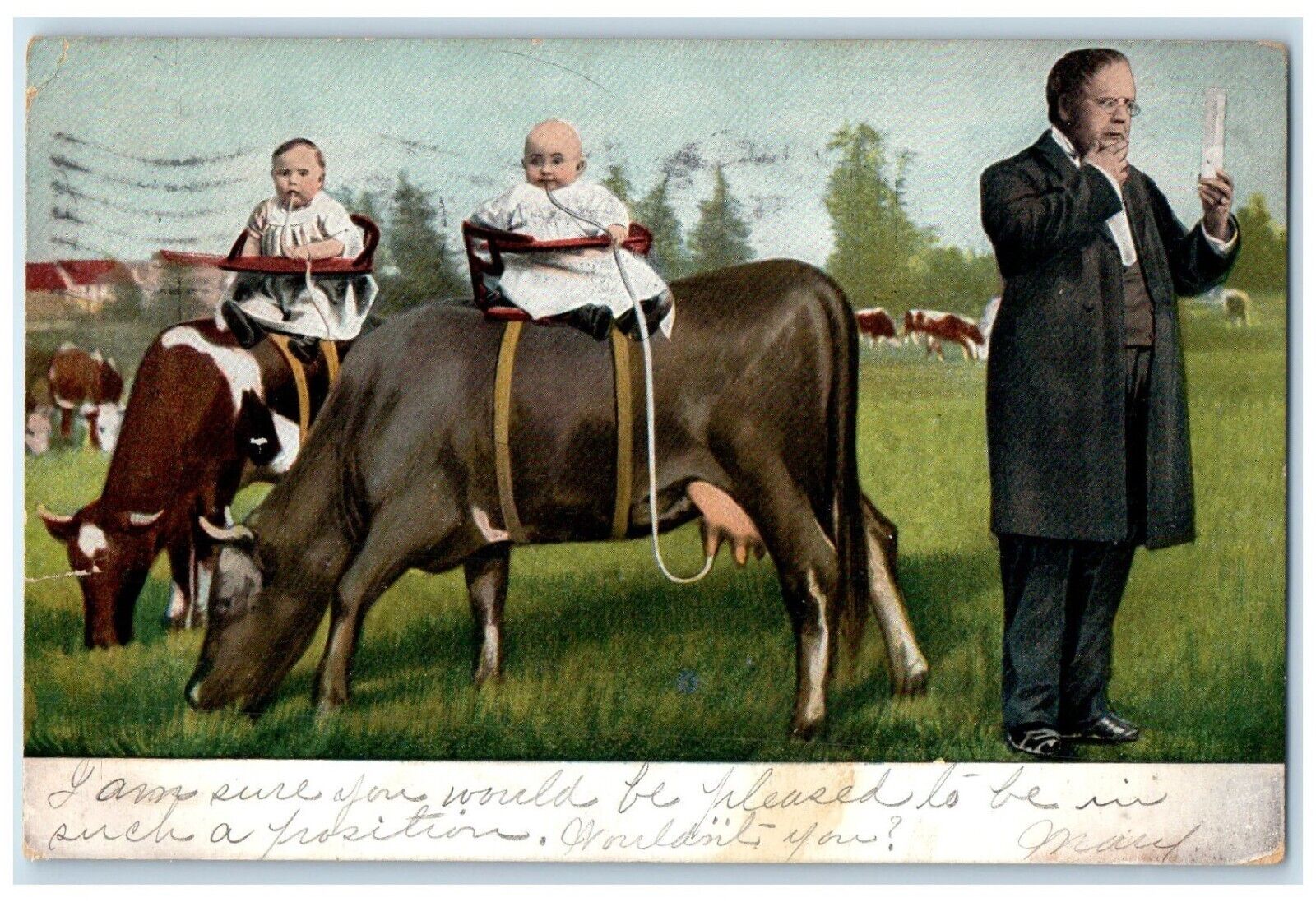 1906 Baby Zipping Milk Cow Fantasy Surreal Philadelphia PA Antique Postcard
