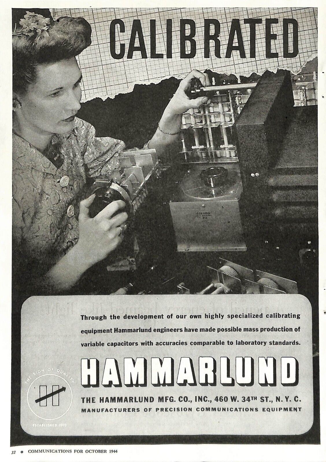 1944 Hammarlund Calibrated Woman Worker Capacitors Vintage Print Ad A13