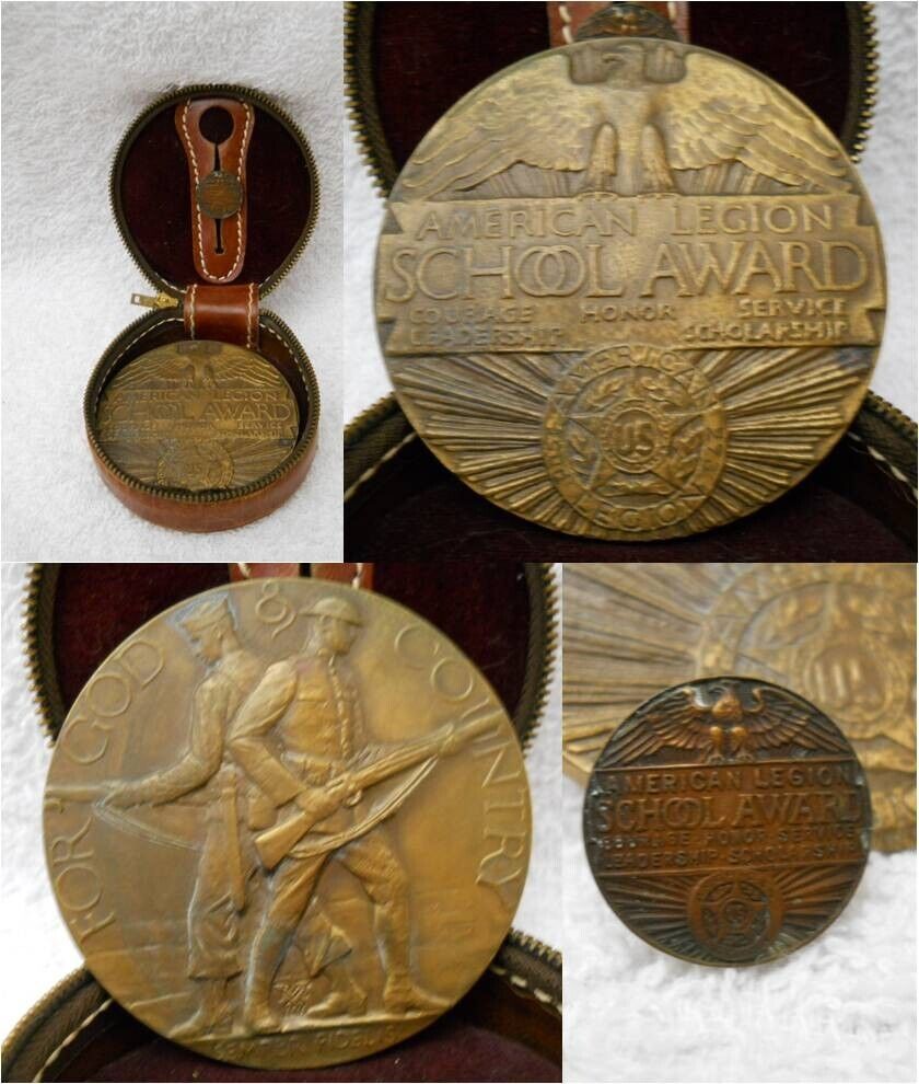 1922 American Legion School Award Medallion & Pin Leather Storage Case Engraved