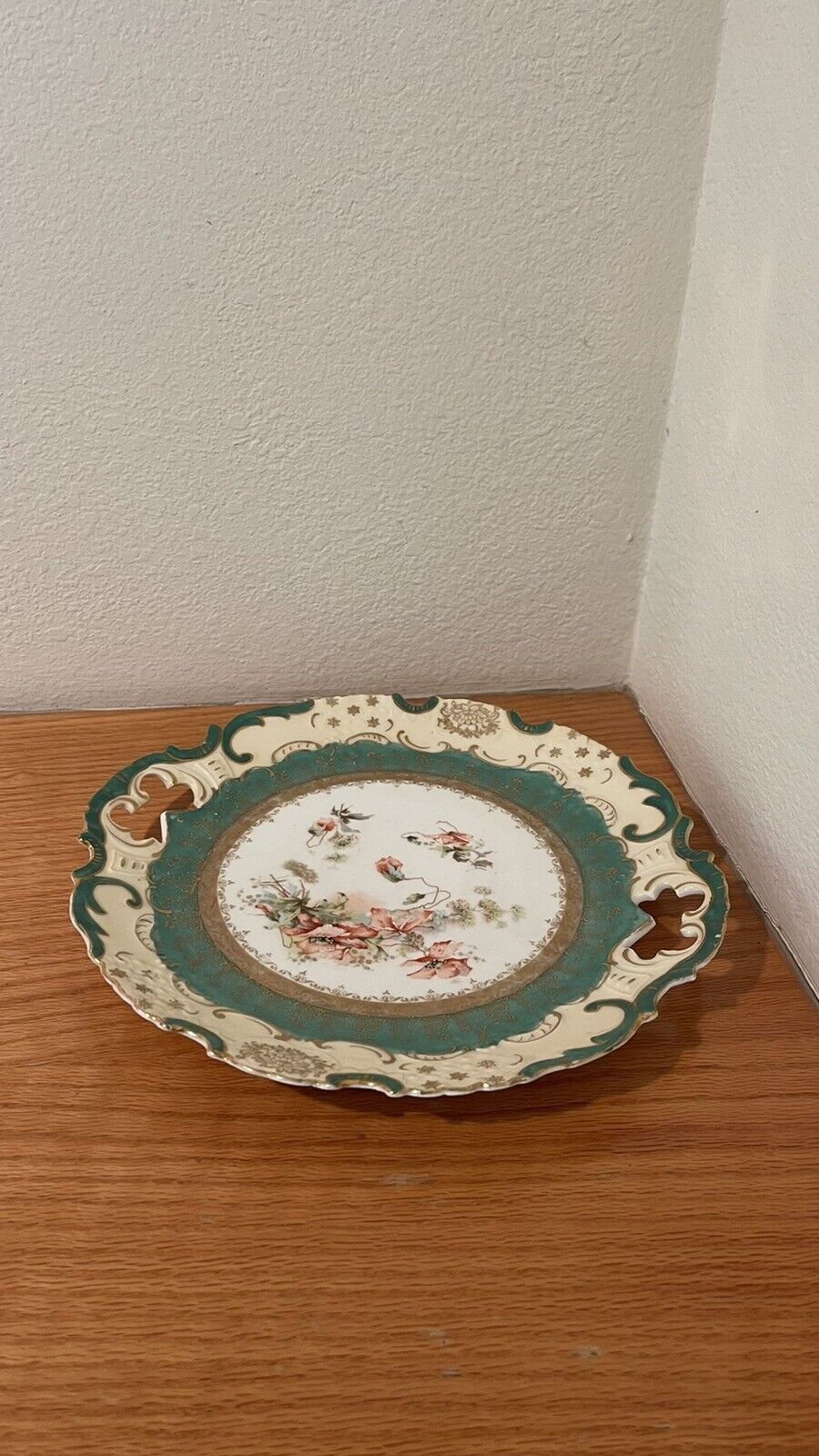 antique 1900’s Rudolph Wachter porceline cake plater gold cream/green/gold