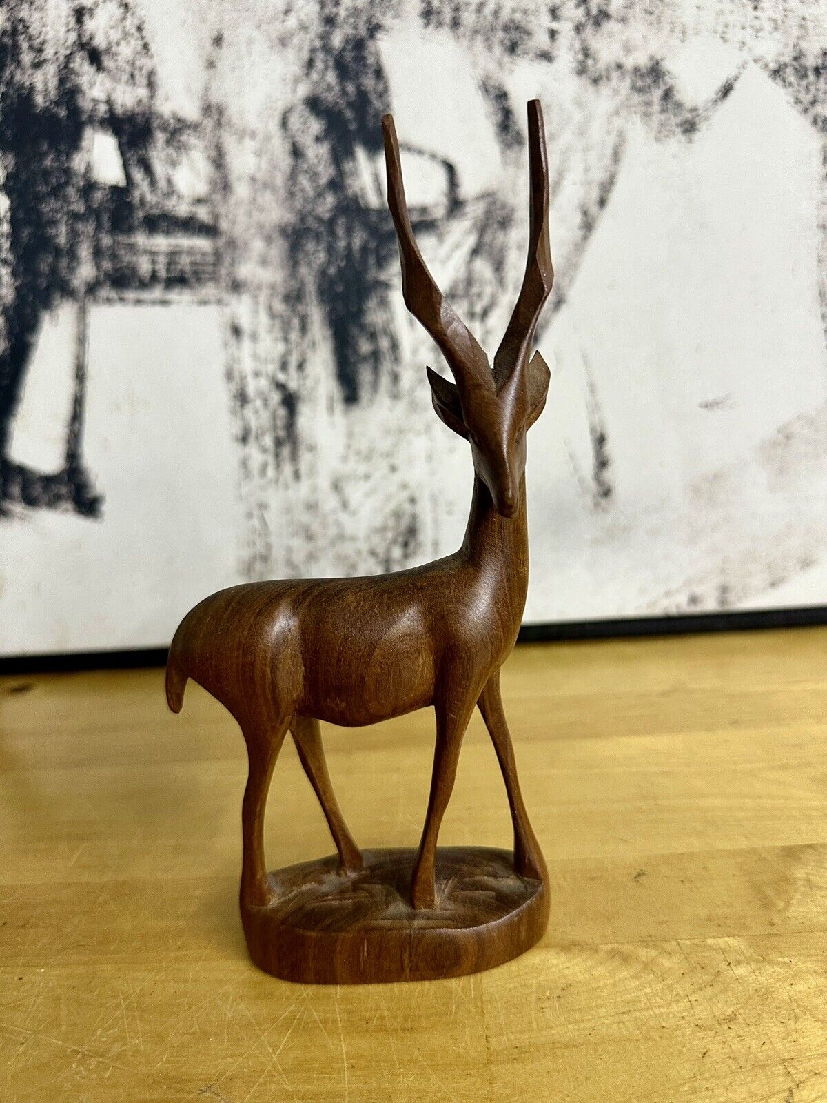 Vintage Decor Antelope Deer Gazelle Hand Carved Wood Figurine Mid Century MCM