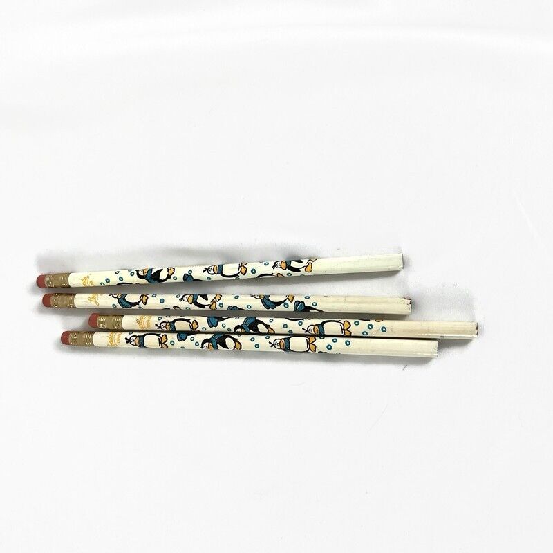 4 Vintage 1980s Leadworks Pencils Penguins Wood Cleveland OH Unused