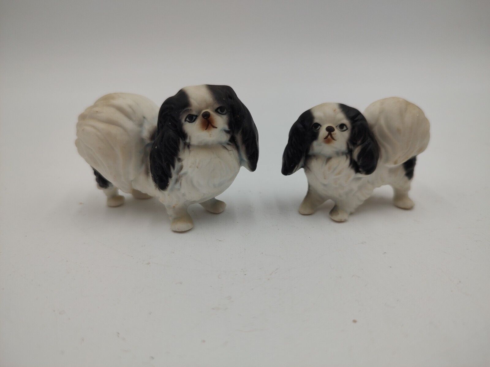 Pair Of Bone China Pekingese Dog Figurines Vintage Japan Black And White Puppy