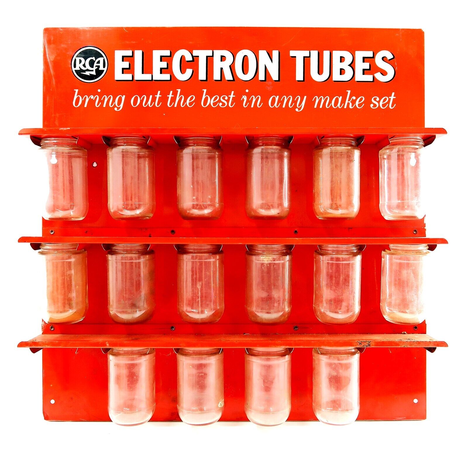 Vintage 1950\'s RCA ELECTRON TUBES Advertising Sign Display Rack with Glass Jars