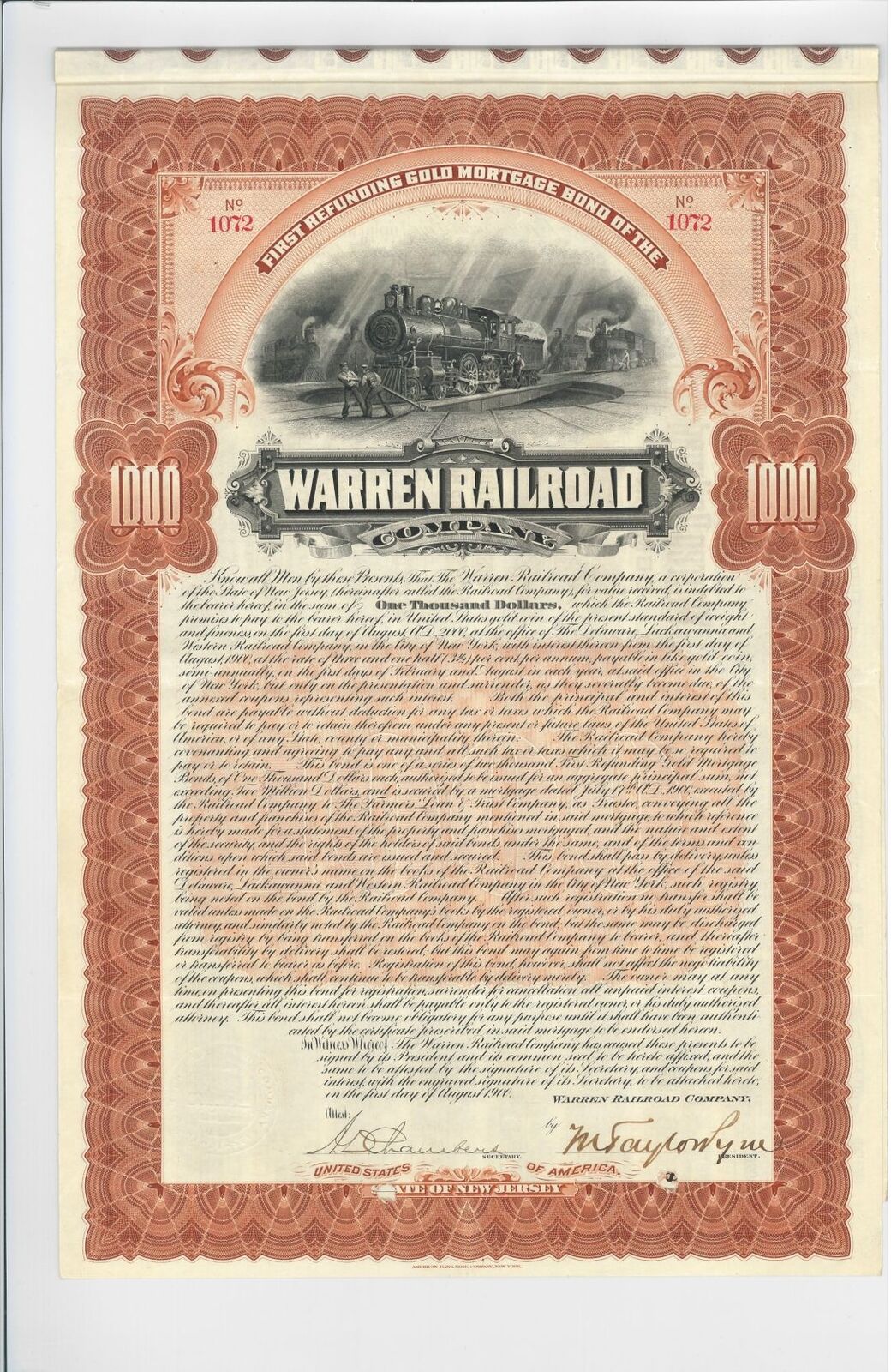 Warren Railroad Co. - 1900 dated $1,000 New Jersey Railway Bond - Railroad Bonds