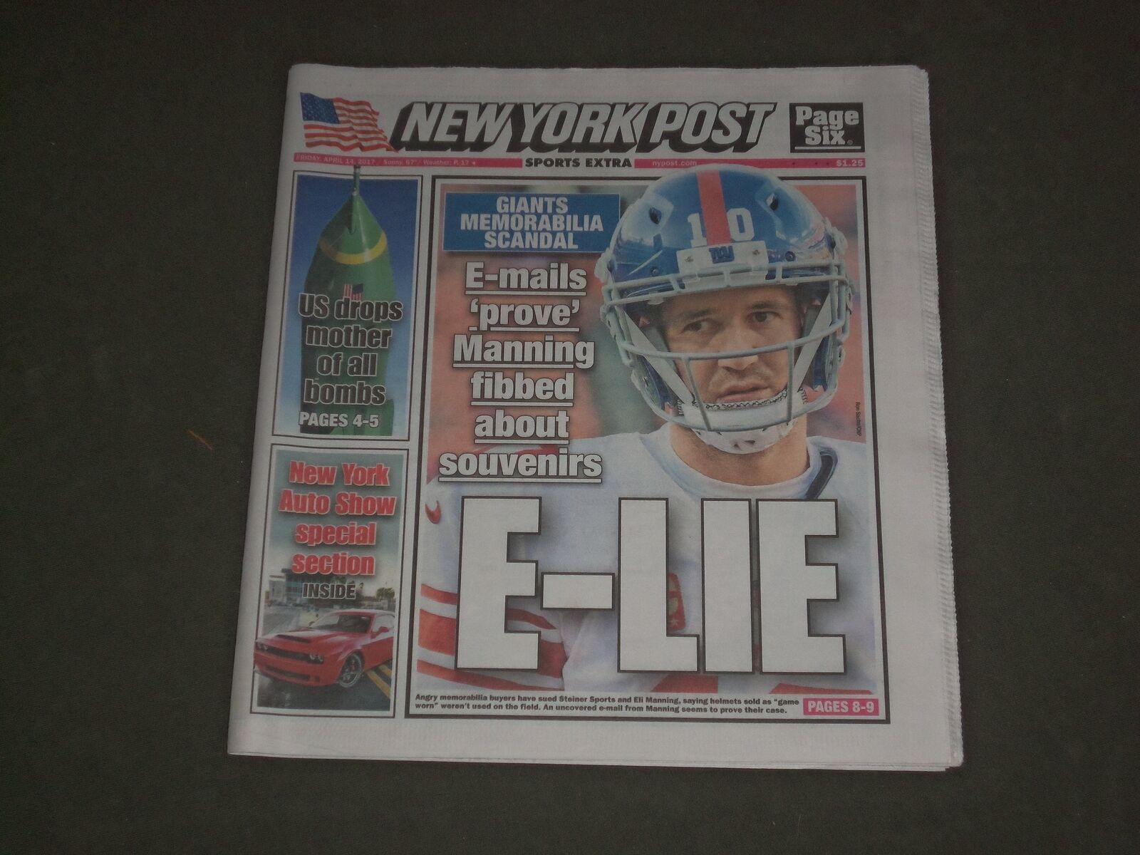 2017 APRIL 14 NEW YORK POST NEWSPAPER - ELI MANNING LIED ABOUT GAME WORN HELMETS