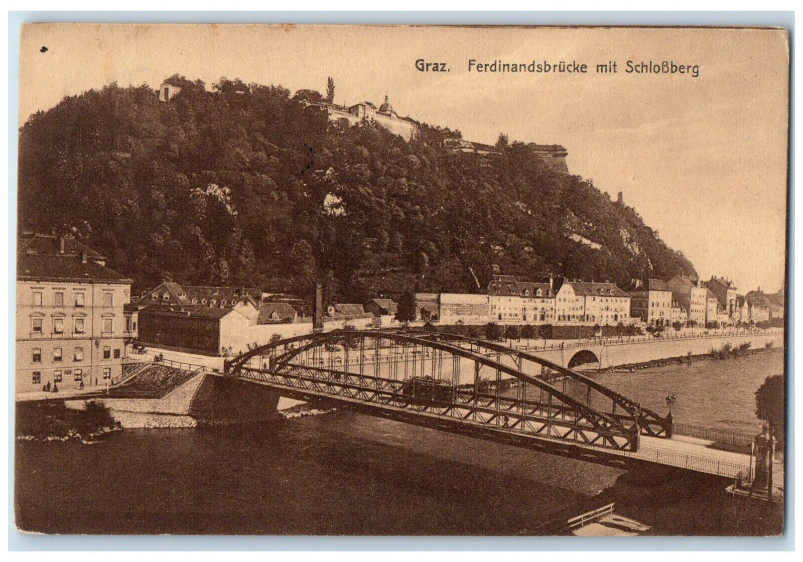 c1910 Ferdinand Bridge With Castle Berg Graz Austria Posted Antique Postcard
