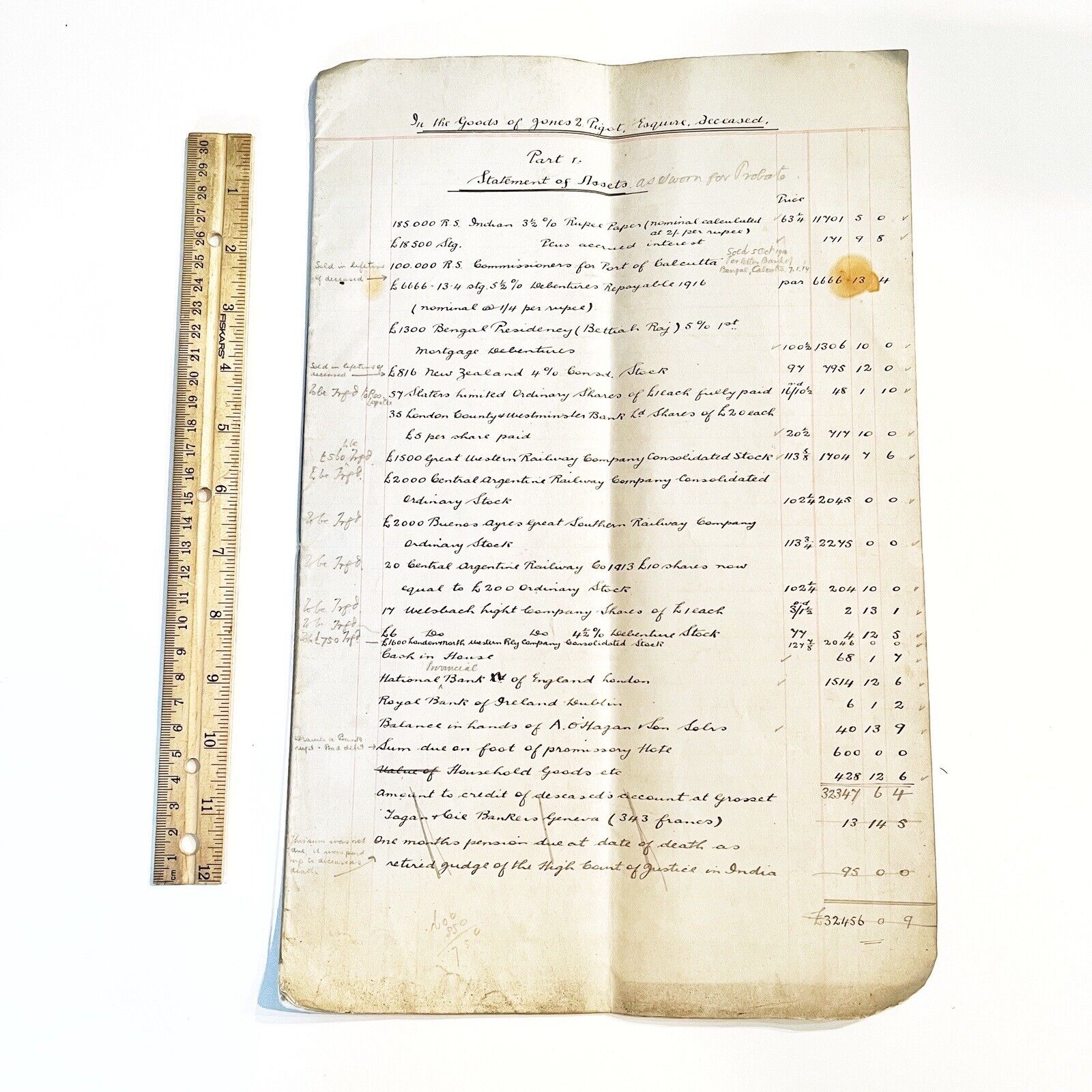 1800’s English Large List Of A Deceased Man’s Estate Including Stocks And Bonds