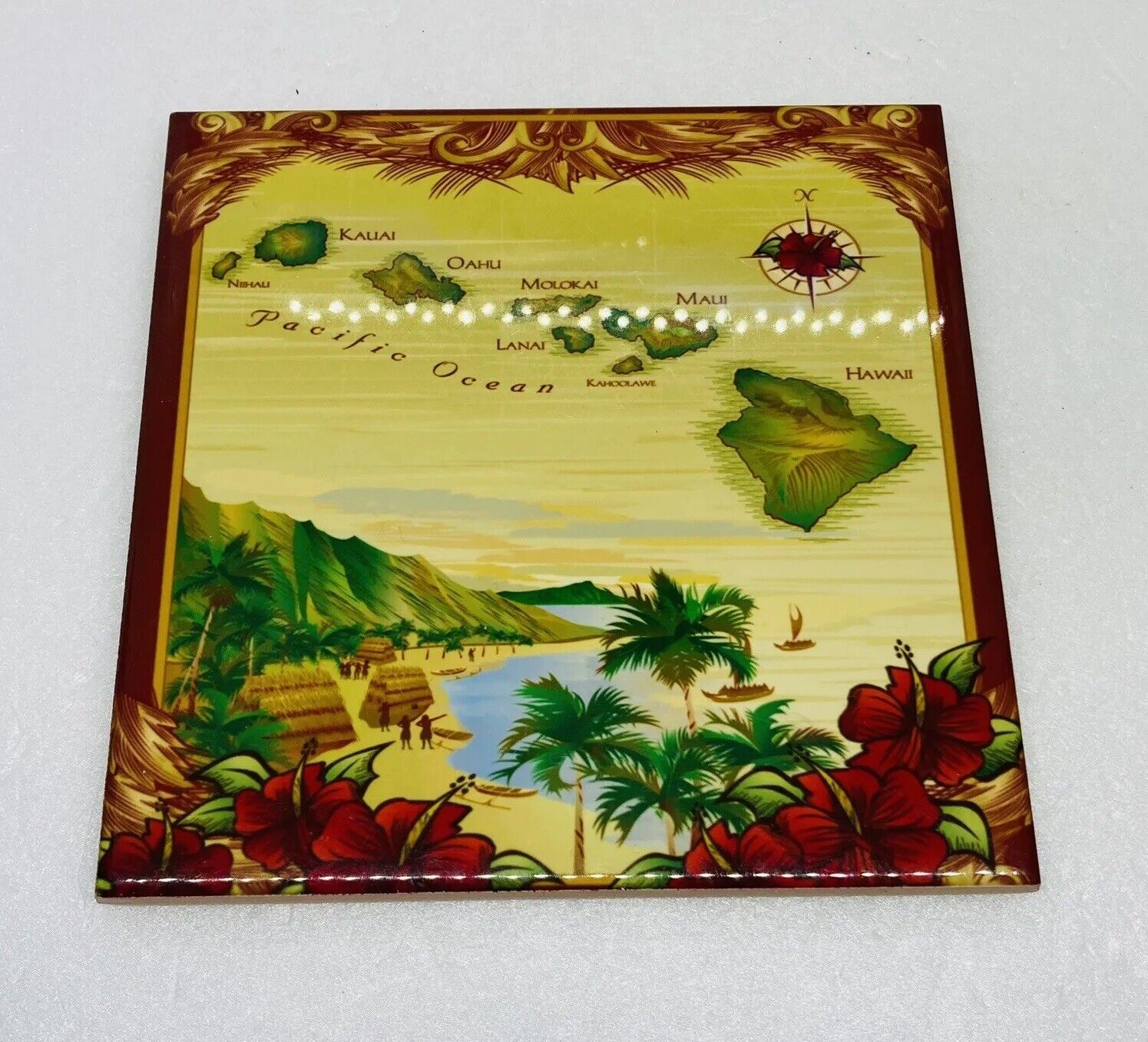 Vintage Hawaii Oahu Maui Island Ceramic Tile Hanging Art Decor 6” Cork Back 18