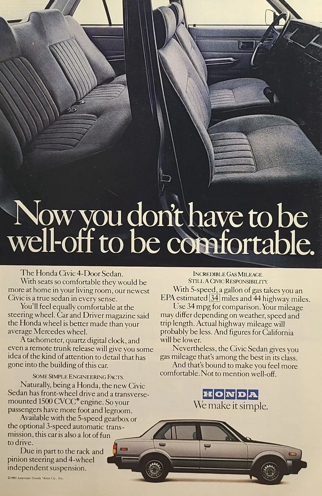 \'81 Honda Civic 4-Door Sedan Comfort Economy Car Vintage Print Ad 1981