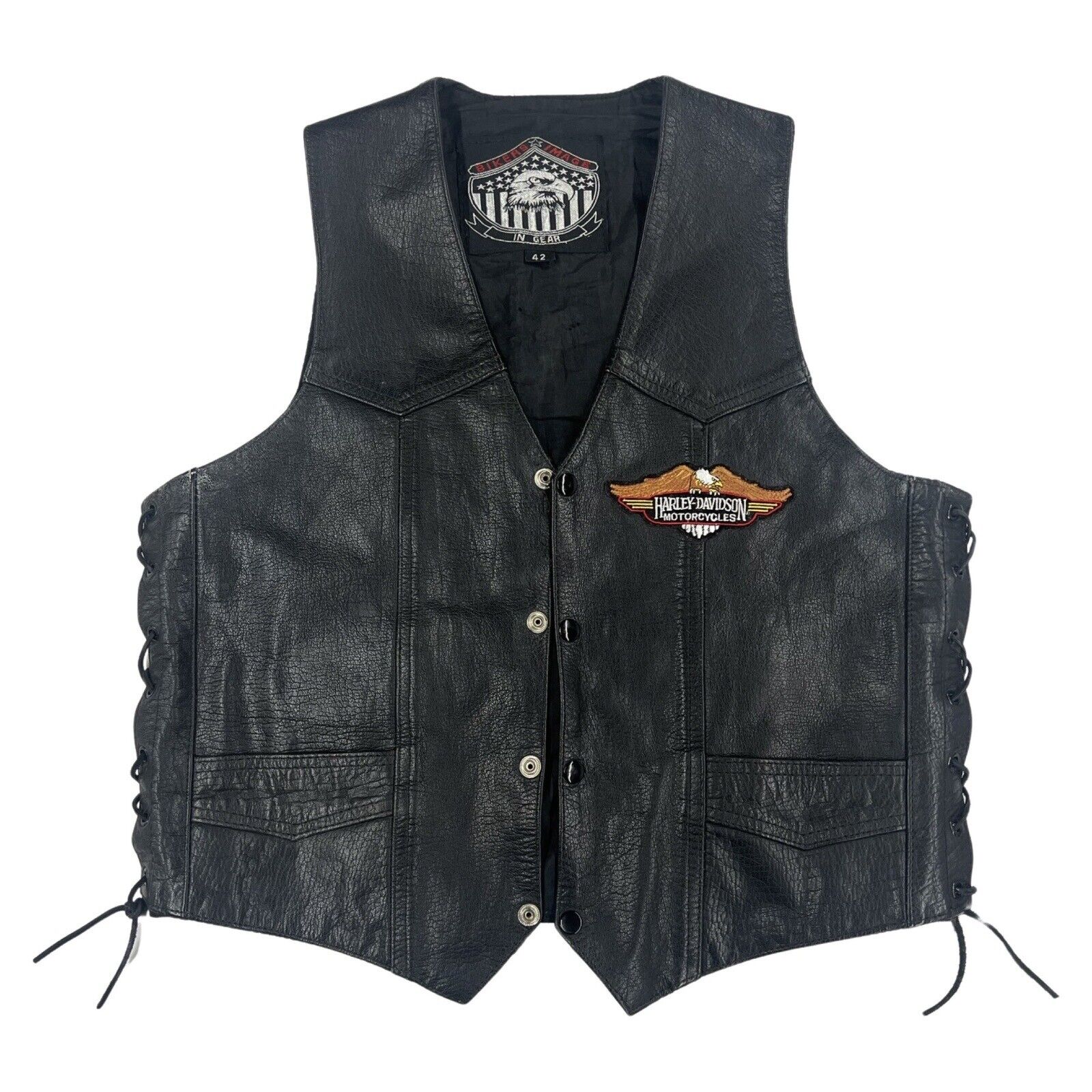 Vintage Harley Davidson Bikers Black Leather Vest Lace Up Patches Men’s Size 42
