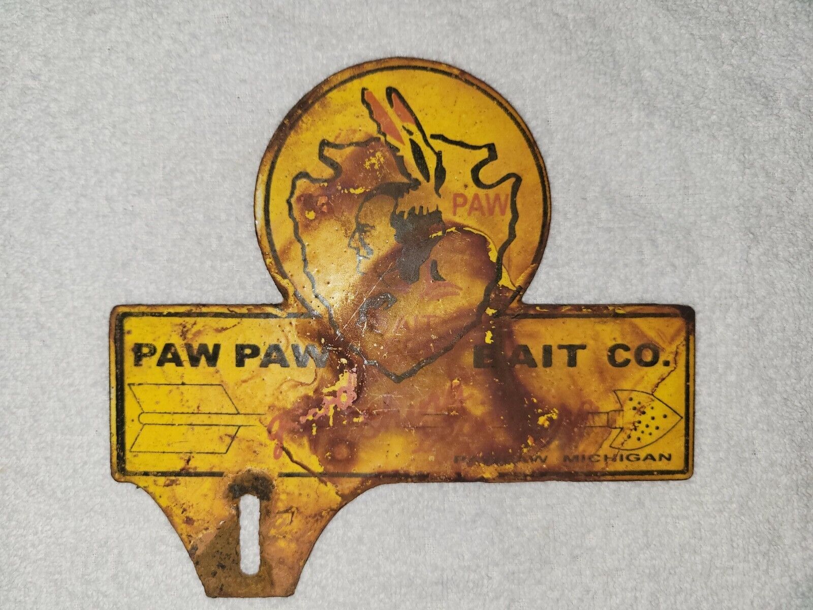 Vintage Paw Paw Bait Co Porcelain Sign Topper Good Fishing Begins Here MICHIGAN
