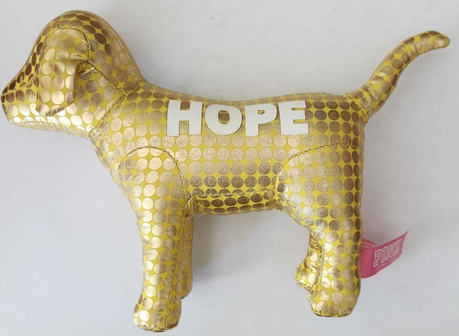 Victoria\'s Secret PINK Plush Stuffed Toy Dog Gold Metallic Circle Dots HOPE