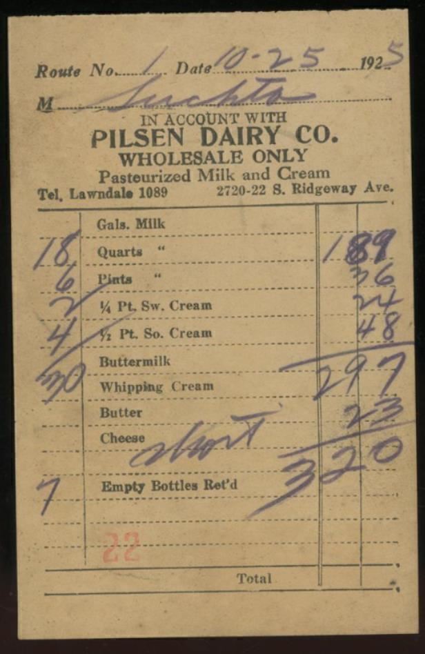 1925 CHICAGO IL PILSEN DAIRY CO. RIDGEWAY AVE WHOLESALE ONLY INVOICE 35-26