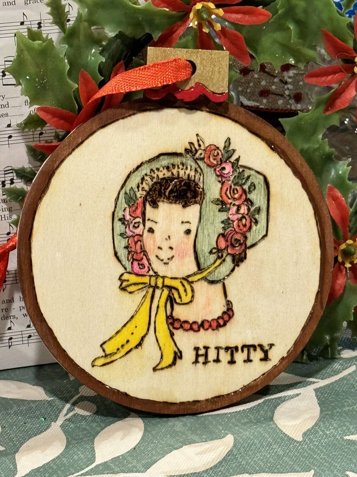Hand Crafted Hitty Doll Wooden Christmas Ornament Pyrography Wood Burning