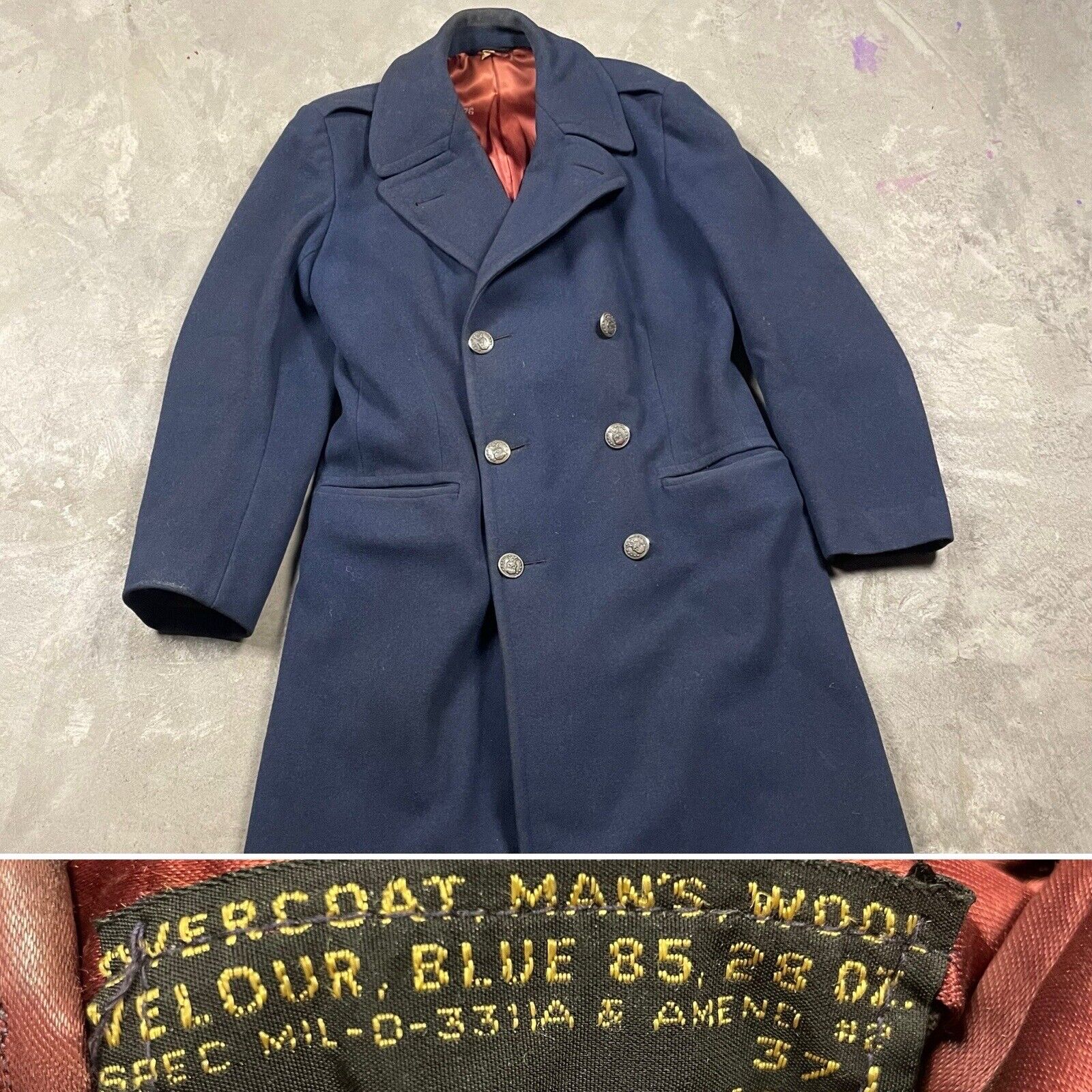 Vintage WW2 US Air Force Blue Navy Overcoat 50s Wool Trench Coat Sz 37 L