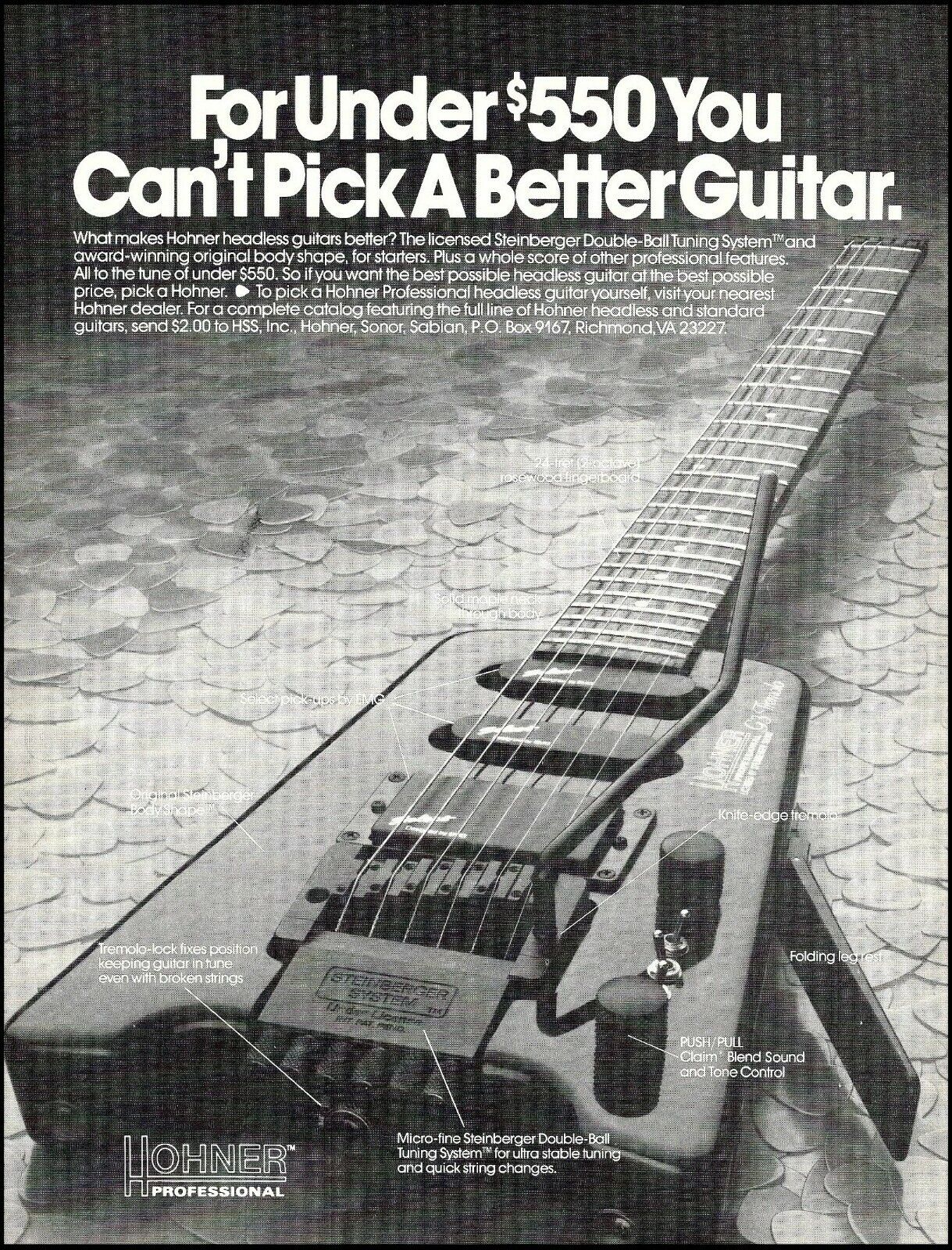 Hohner headless guitar with Steinberger Double-Ball Tuning System 1988 ad print