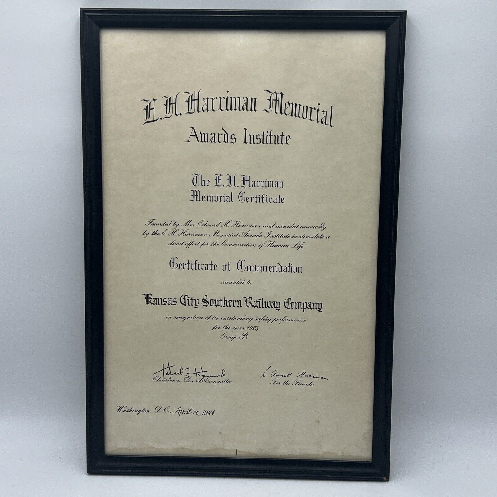 1984 KANSAS CITY SOUTHERN RY SAFETY AWARD CERTIFICATE by HARRIMAN MEMORIAL 21\
