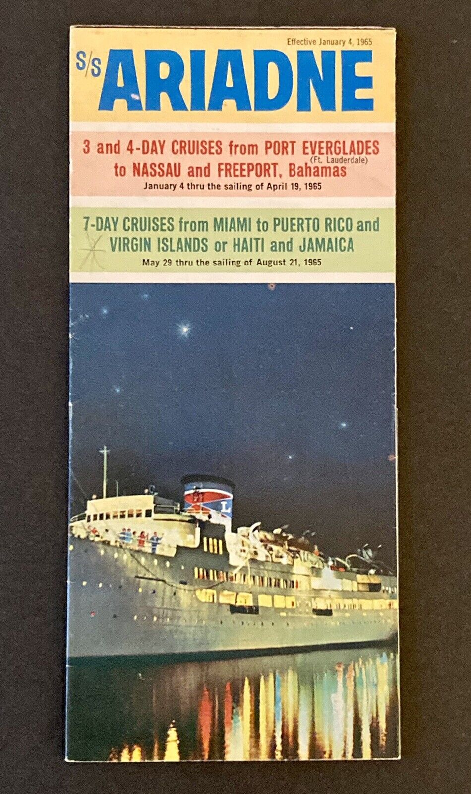 Vintage 1965 S/S Ariadne Travel Fold-Out Brochure Cruises From FL To Caribbean