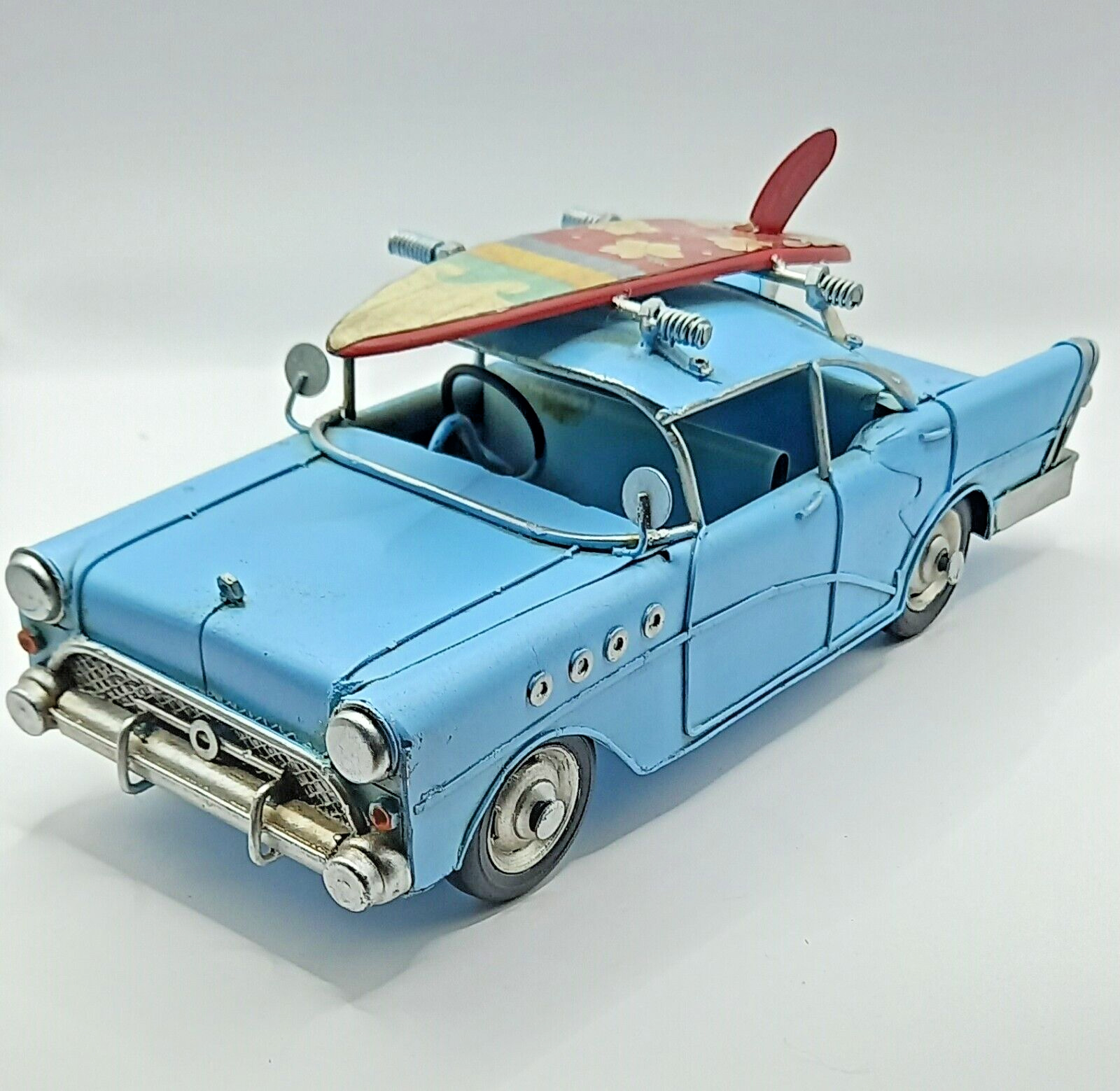 MODEL AMERICAN CAR WITH SURF BOARD RETRO VINTAGE CAR LARGE TINPLATE DECORATION