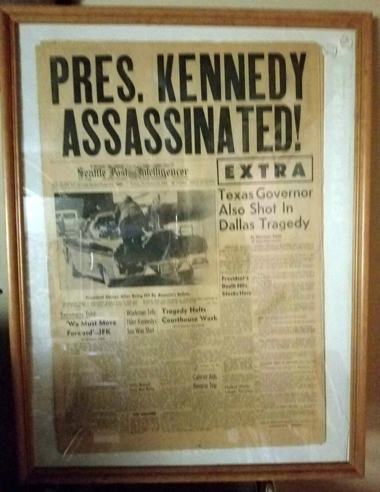 Framed Seattle Post Intelligencer News Front Page: “Kennedy  Assassinated” 19X25