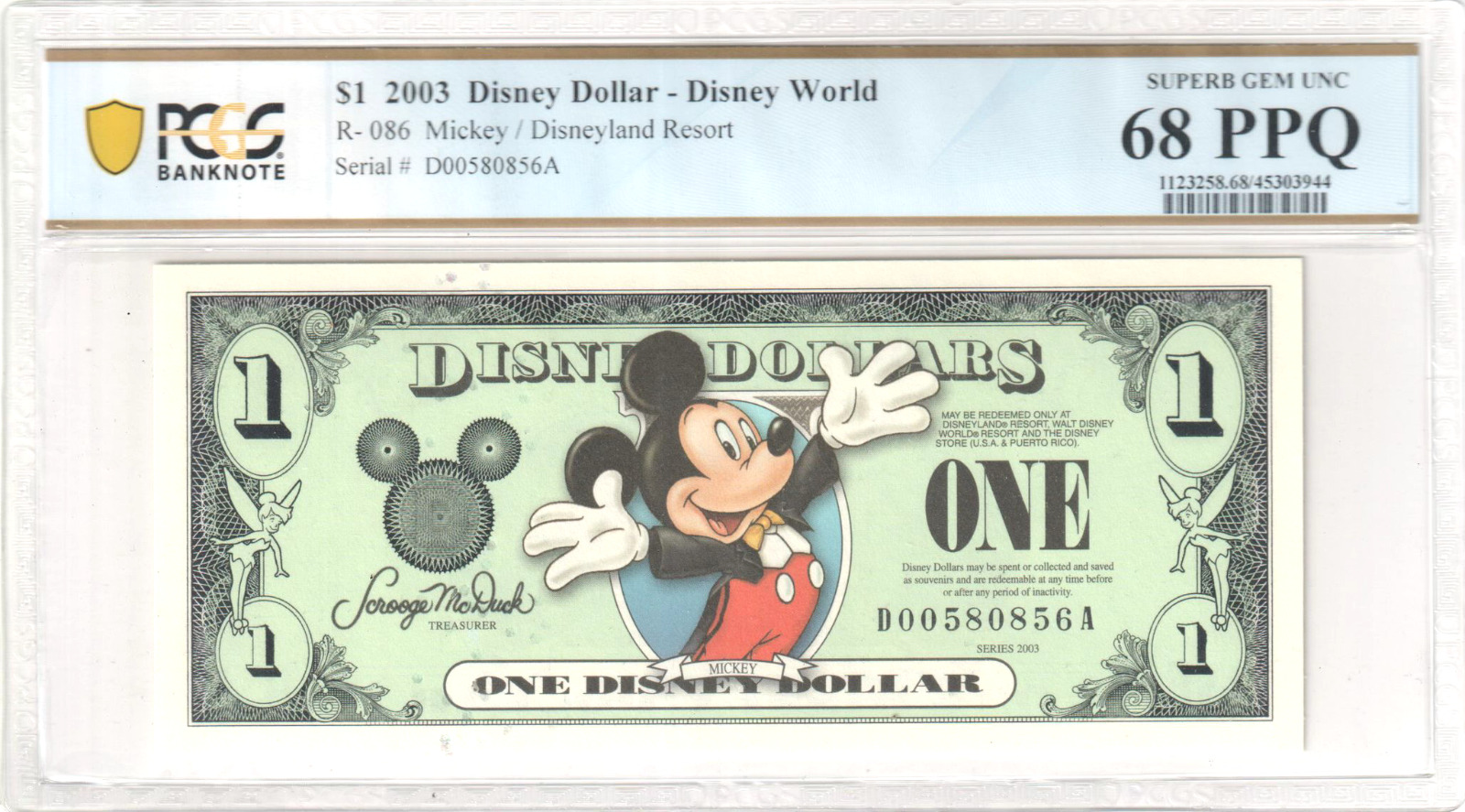 2003 $1 Disney Dollar Mickey DISNEYLAND RESORT PCGS SUPERB GEM UNC 68 PPQ *****