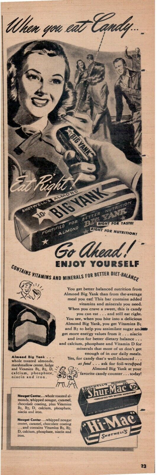1947 Shotwell’s “Almond Big Yank” vitamin candy bar print clipping ad 13.5x4.5”