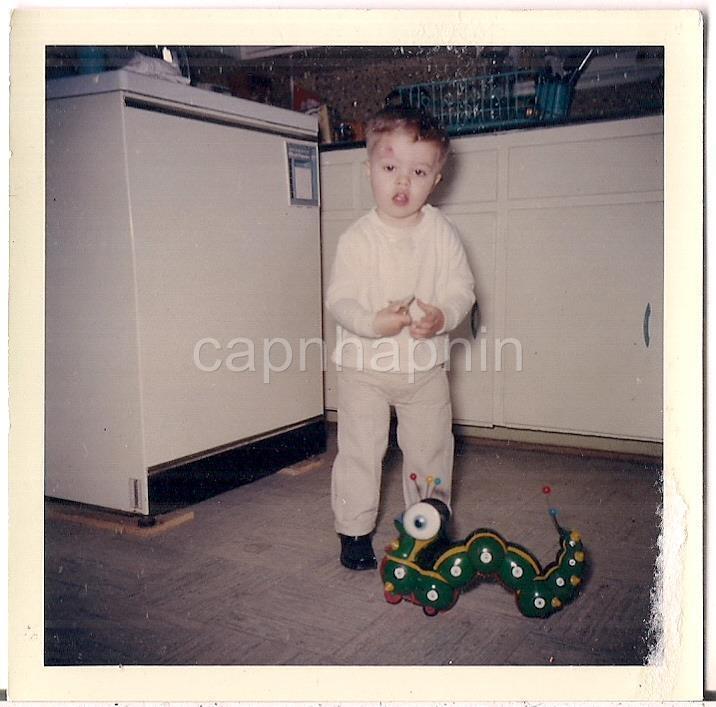 Boy Kid w/Cragstan Wacky Worm Wind-Up Toy Green Inch Worm Vintage 1965 Photo