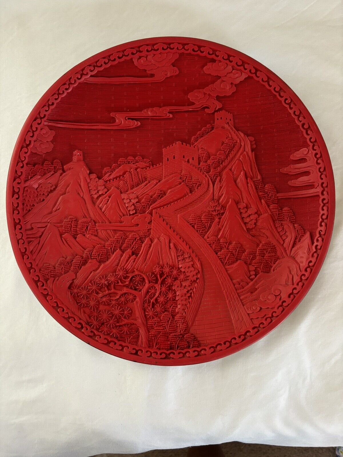 Vintage Asian Great Wall of China Cinnabar Lacquer 11 1/2” Plate