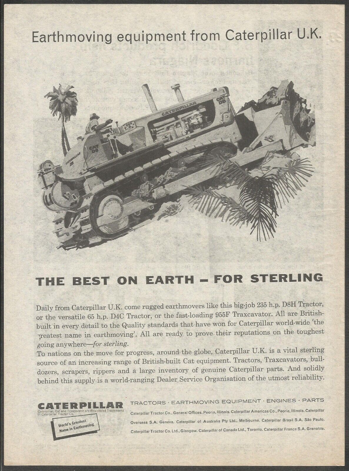 CATERPILLAR U.K. - D8H Tractor and 955F Traxcavator - 1961 Vintage Print Ad