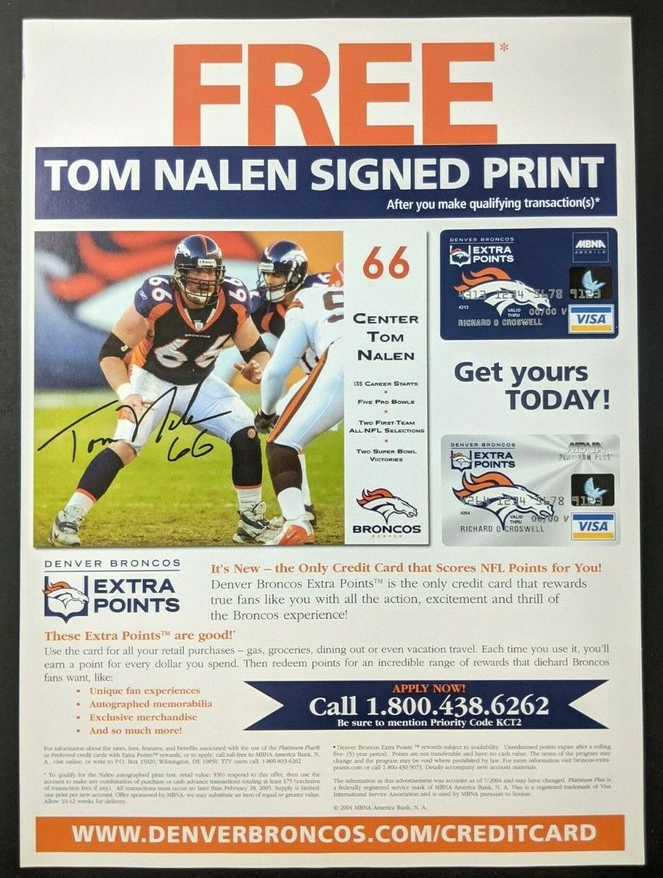 Tom Nalen Denver Broncos Credit Card Print Ad Poster Art PROMO Original MBNA