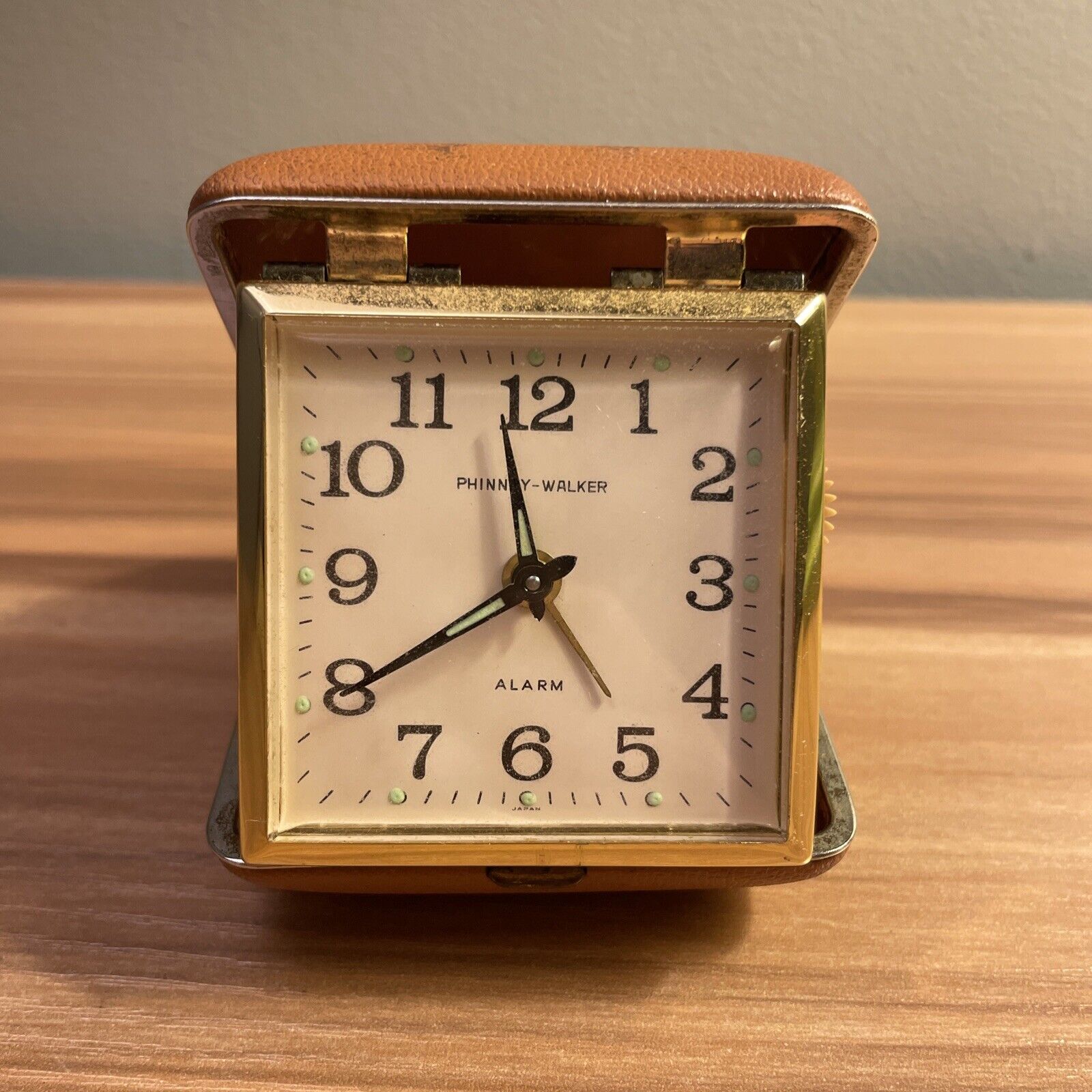 Vintage PHINNEY WALKER Wind-up Travel Alarm Clock w/ Folding Case Made In Japan