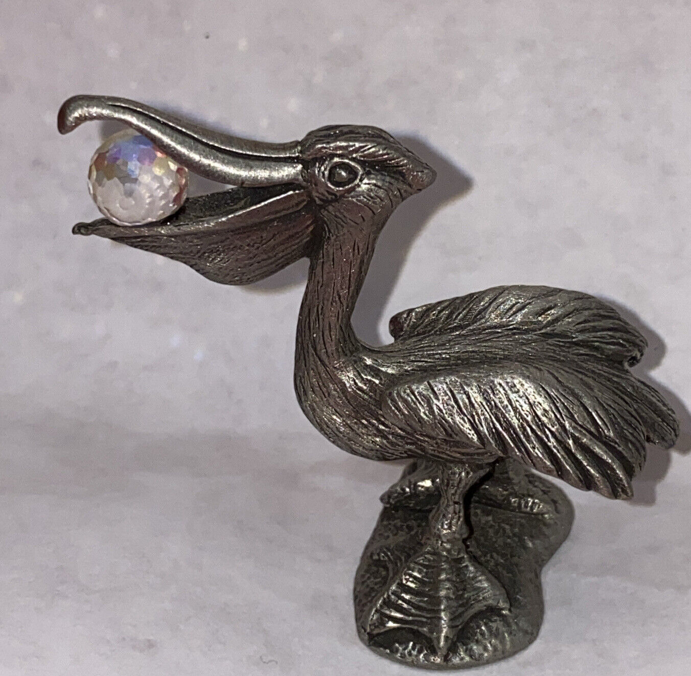 Pewter Image Co Pelican With A Crystal In His Mouth Figure 2” Tall VGC