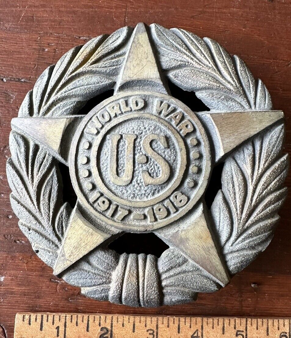 Antique WWI US Military Marker 1917-18 Heavy Brass Cast Flag Holder - Very Nice