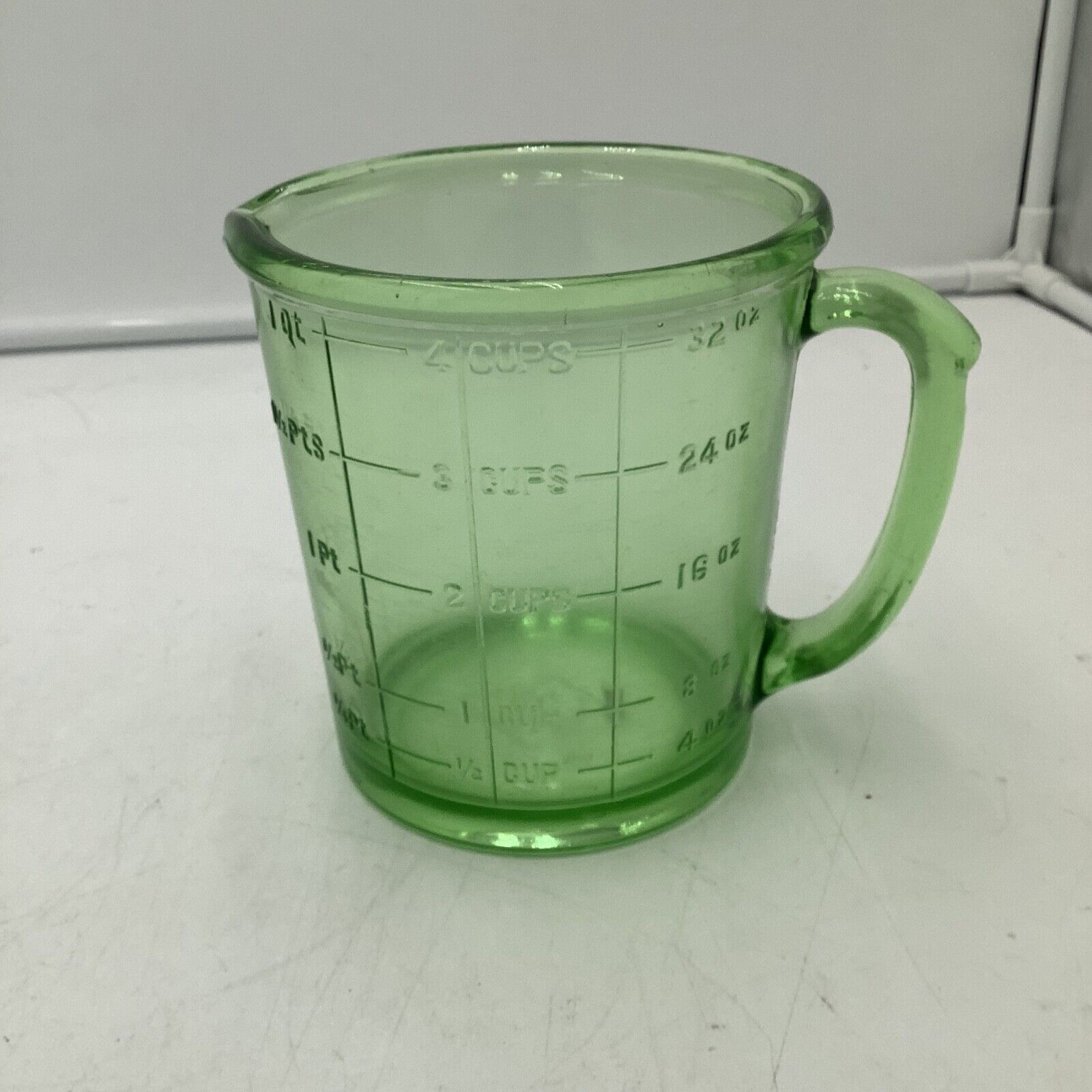 Vintage Deco A&J Green Vaseline Glass 4 Cup Measuring Cup Logo on Base C.1930