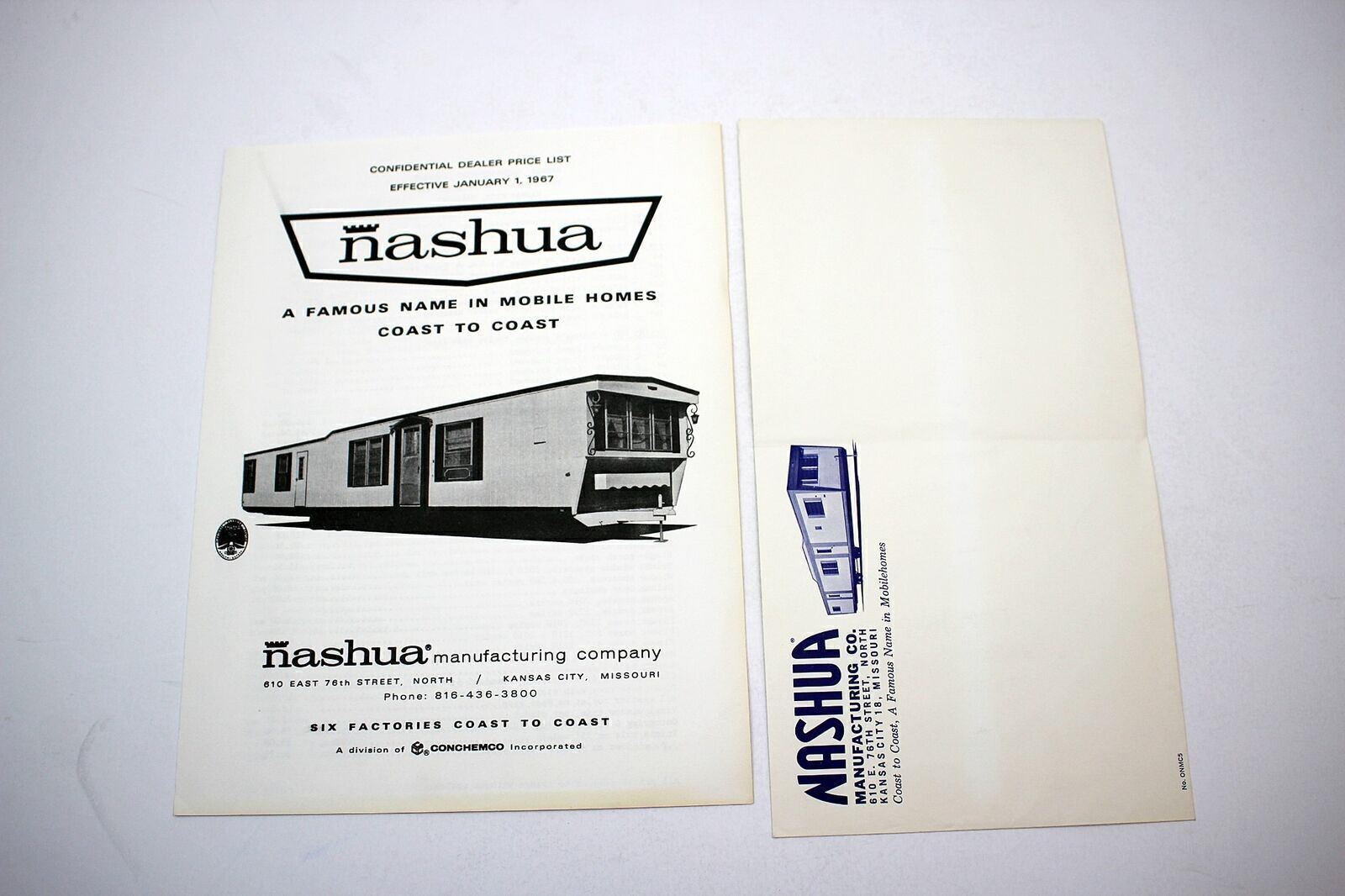 Nashua Mobile Homes Confidential Dealer Price List for 1967 + Envelope #12