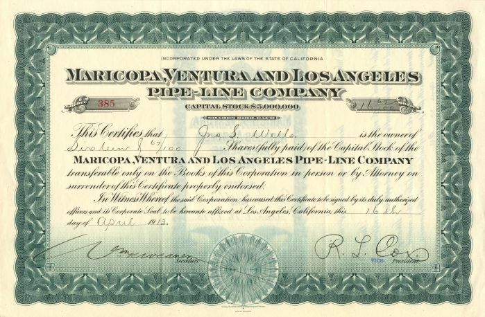 Maricopa, Ventura and Los Angeles Pipe-Line Co. - Stock Certificate - General St