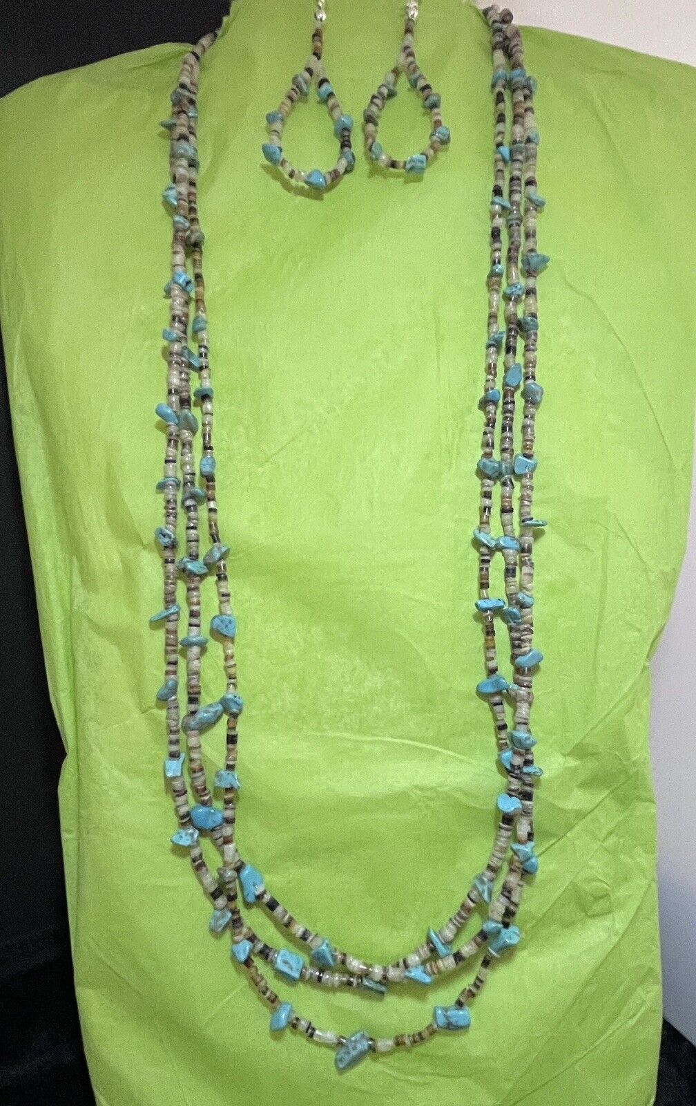 Navajo 3-Strand Turquoise And Heishi Necklace /Earrings Set #716