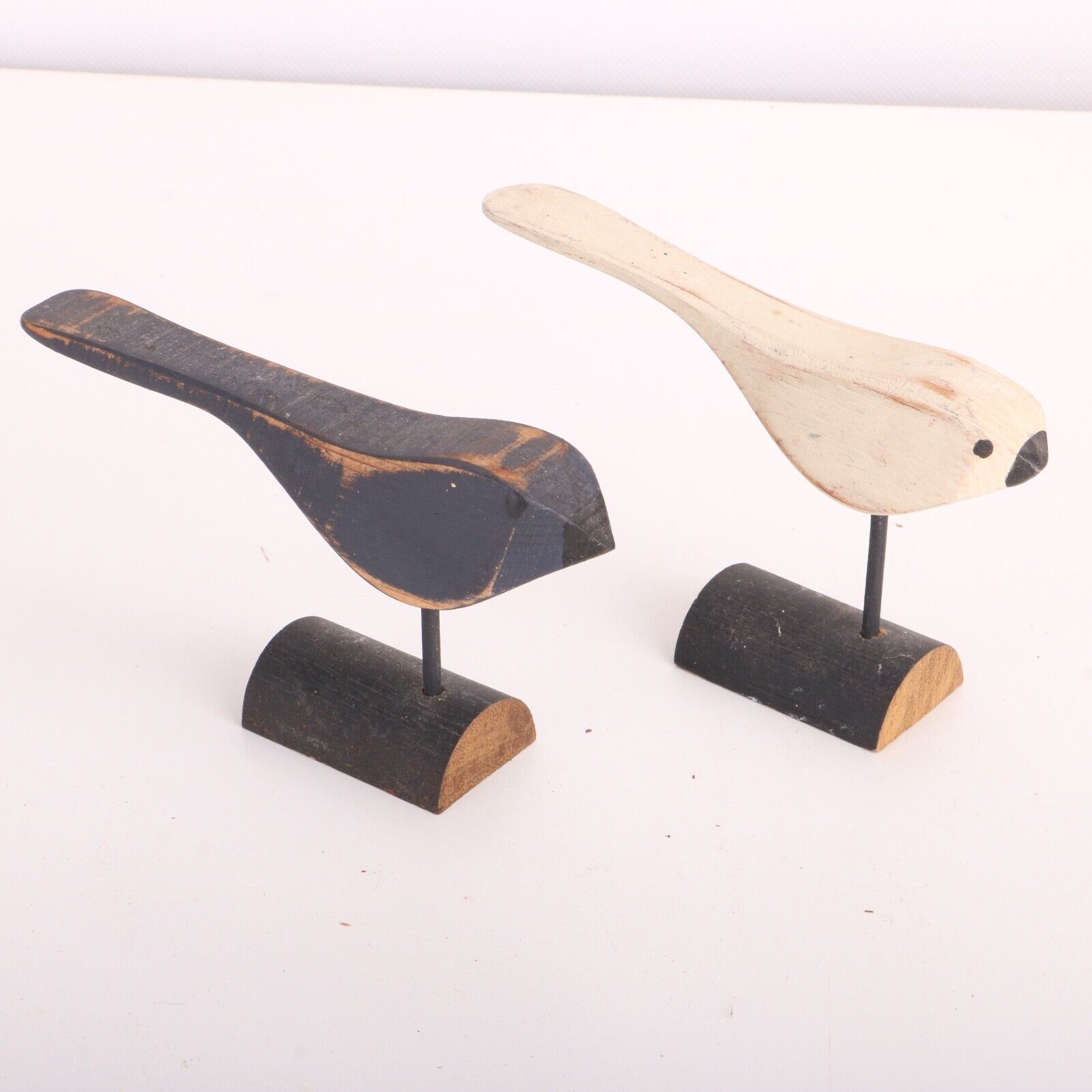 2 Wood Bird Figurine Artisan On Stands