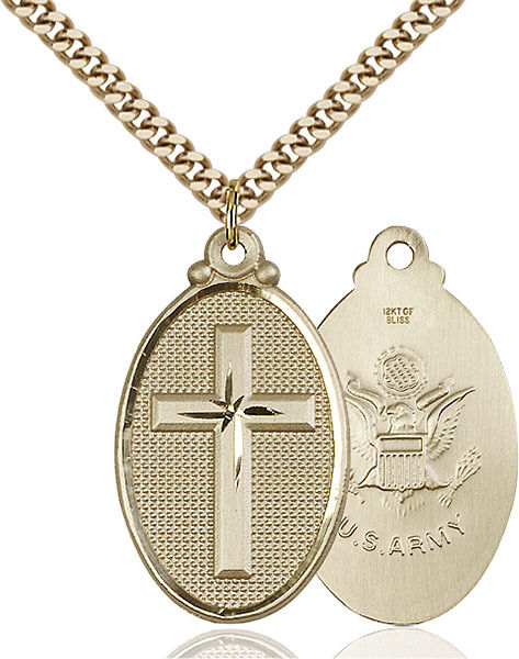Men\'s 14K Gold Filled Cross Army Military Soldier Catholic Medal Necklace