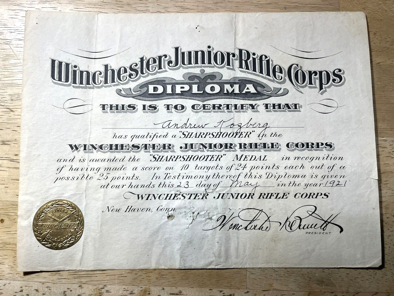 Antique 1921 Winchester Junior Rifle Corps Diploma \