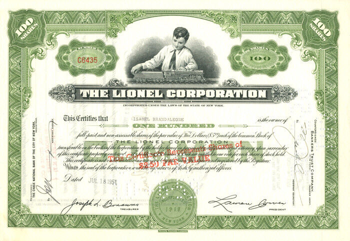 Lionel Corporation Issued to and signed by Isabel Brandaleone - Famous Toy Train