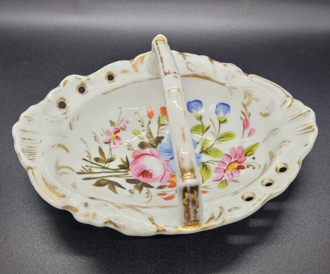 Vintage French Porcelain Pierced Basket With Handle Flowers & Gold Trim 