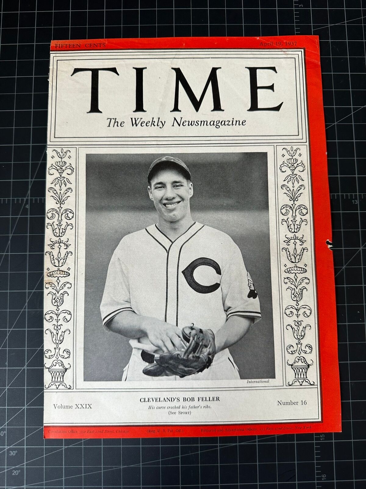 Rare Vintage 1937 Time Magazine Cover - Cleveland’s Bob Feller Baseball - COVER
