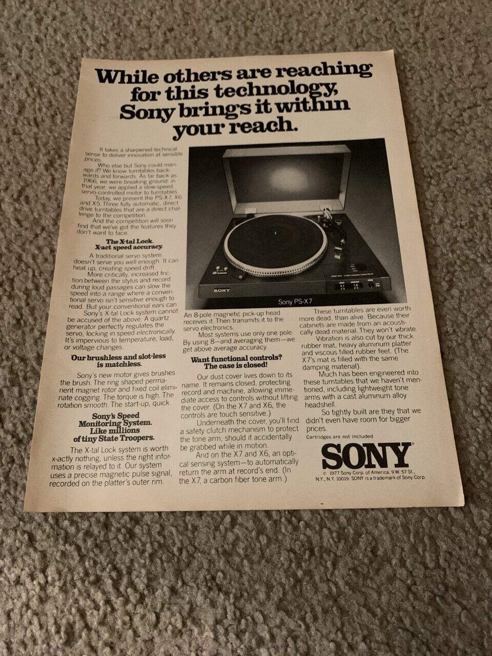 Vintage 1978 SONY PS-X7 TURNTABLE RECORD PLAYER PRINT AD 1970s