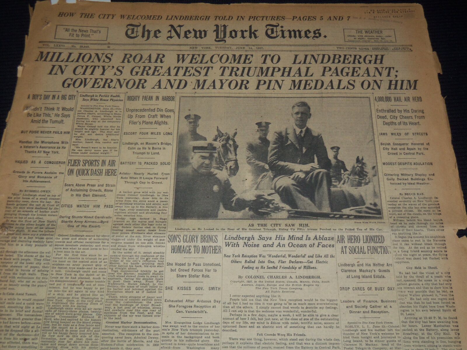 1927 JUNE 14 NEW YORK TIMES - MILLIONS ROAR WELCOME TO LINDBERGH - NT 9551