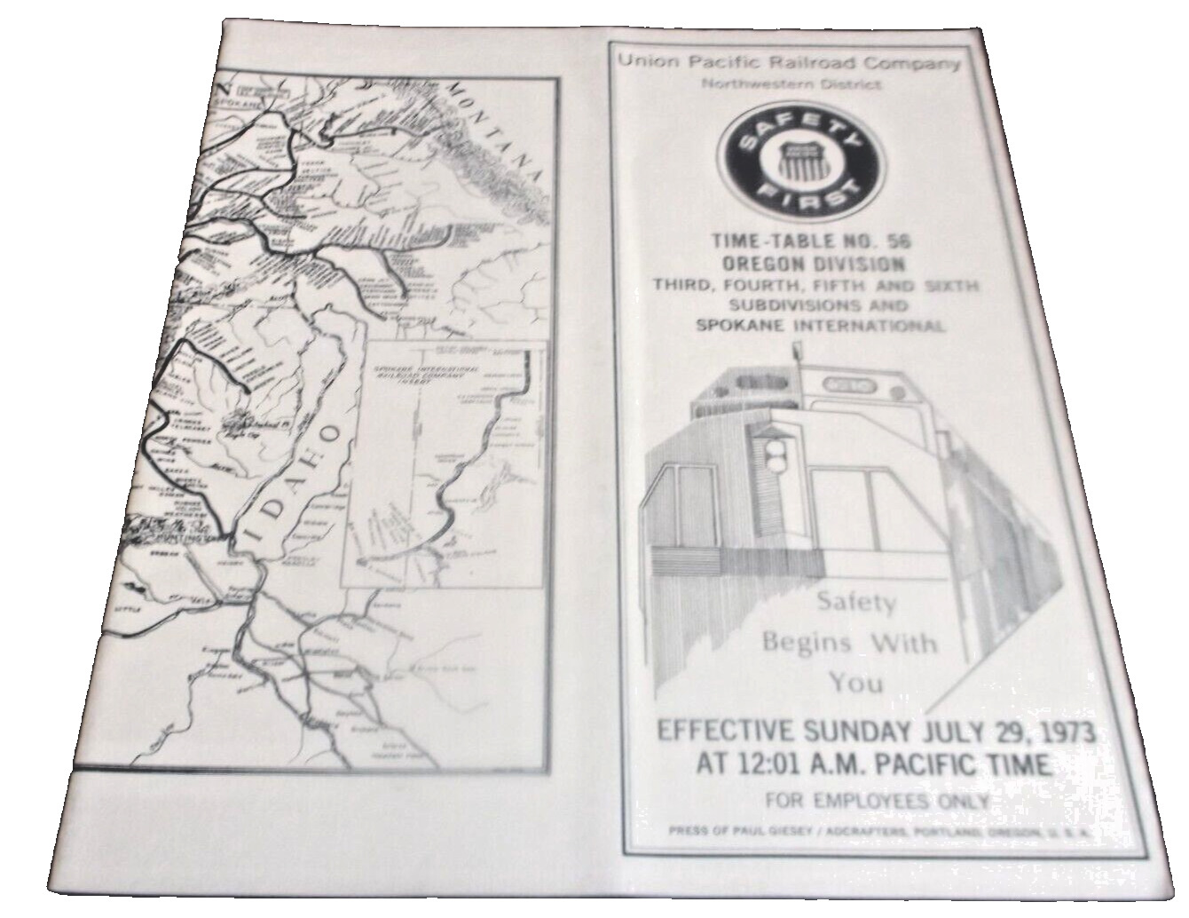 JULY 1973 UNION PACIFIC OREGON DIVISION EMPLOYEE TIMETABLE #56
