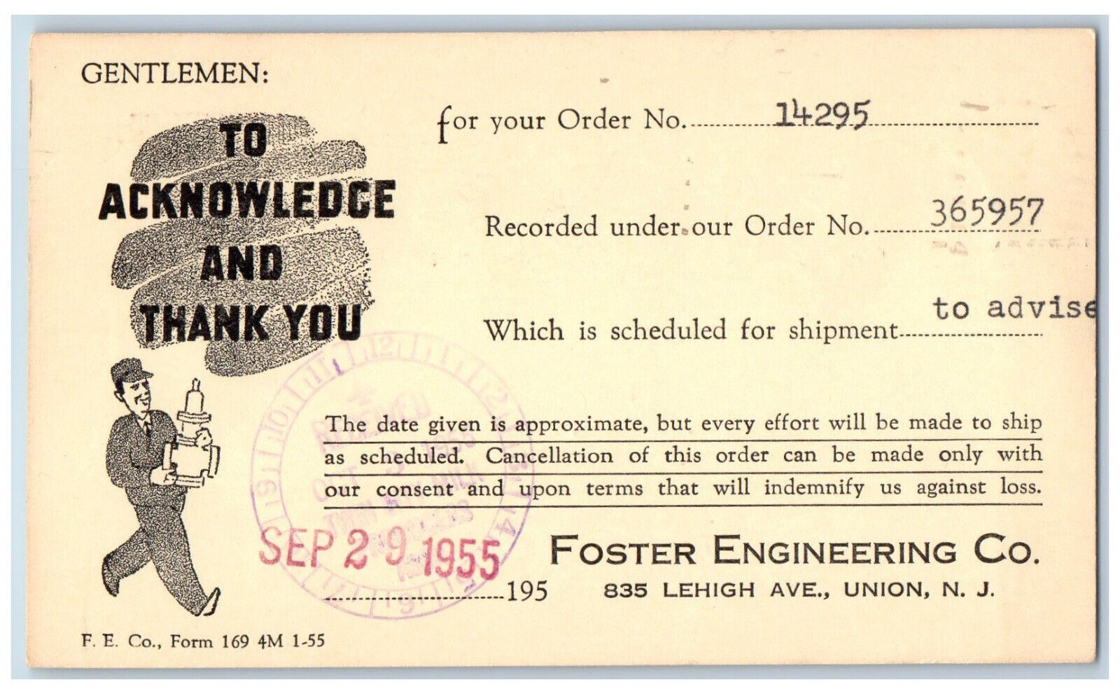 Union New Jersey NJ Postal Card Foster Engineering Co. 1955 Vintage Posted