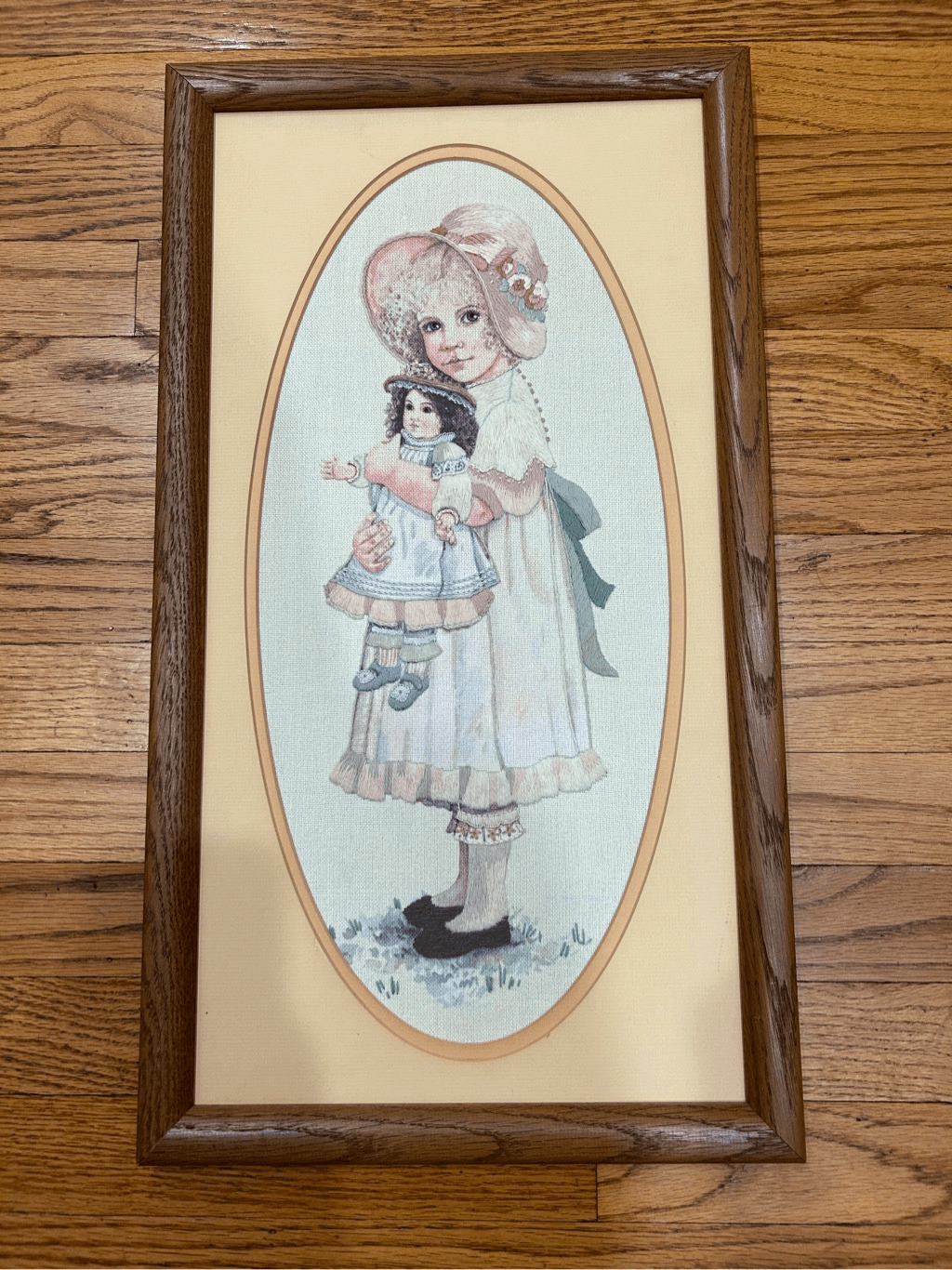 Vintage Embroidered Victorian Girl with a Doll Mandy by Jan Hagara. Well framed.