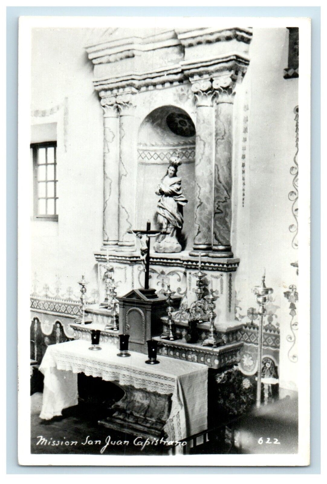 c1940's Mission San Juan Capistrano Interior Crucifix CA RPPC Photo Postcard